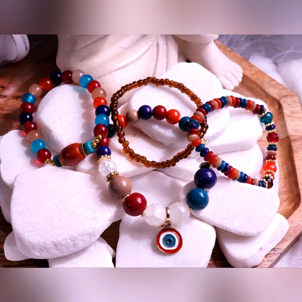 Hand crafted mala evil eye bracelet in carnival colors